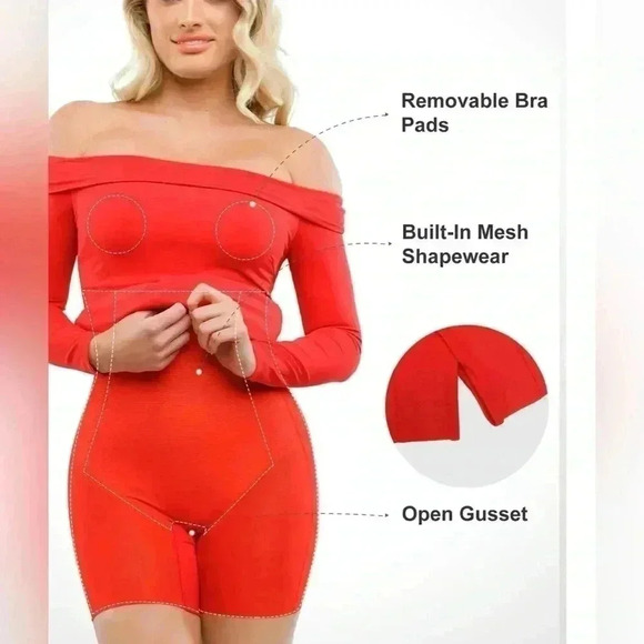 POPILUSH Shapewear Dress Off Shoulder Long Sleeve Midi - Holiday Red - Picture 2 of 9